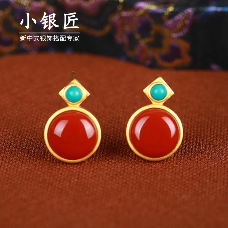 小银匠S925银玛瑙耳环女红豆时尚气质时尚个性耳饰送女友520礼物