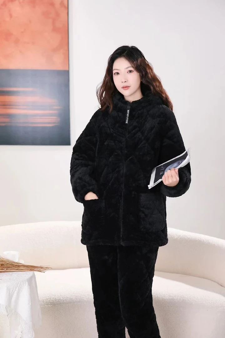 变态厚黑色连帽小熊蒙面侠三层夹棉夹厚女士睡衣家居服