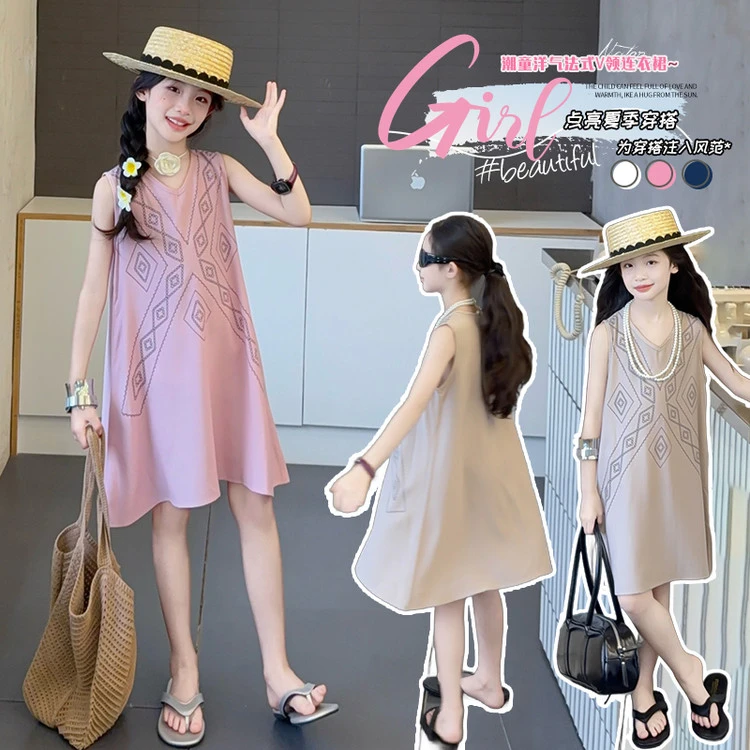 夏季女童休闲连衣裙2025新款女大童高级感背心裙儿童夏天甜美裙子
