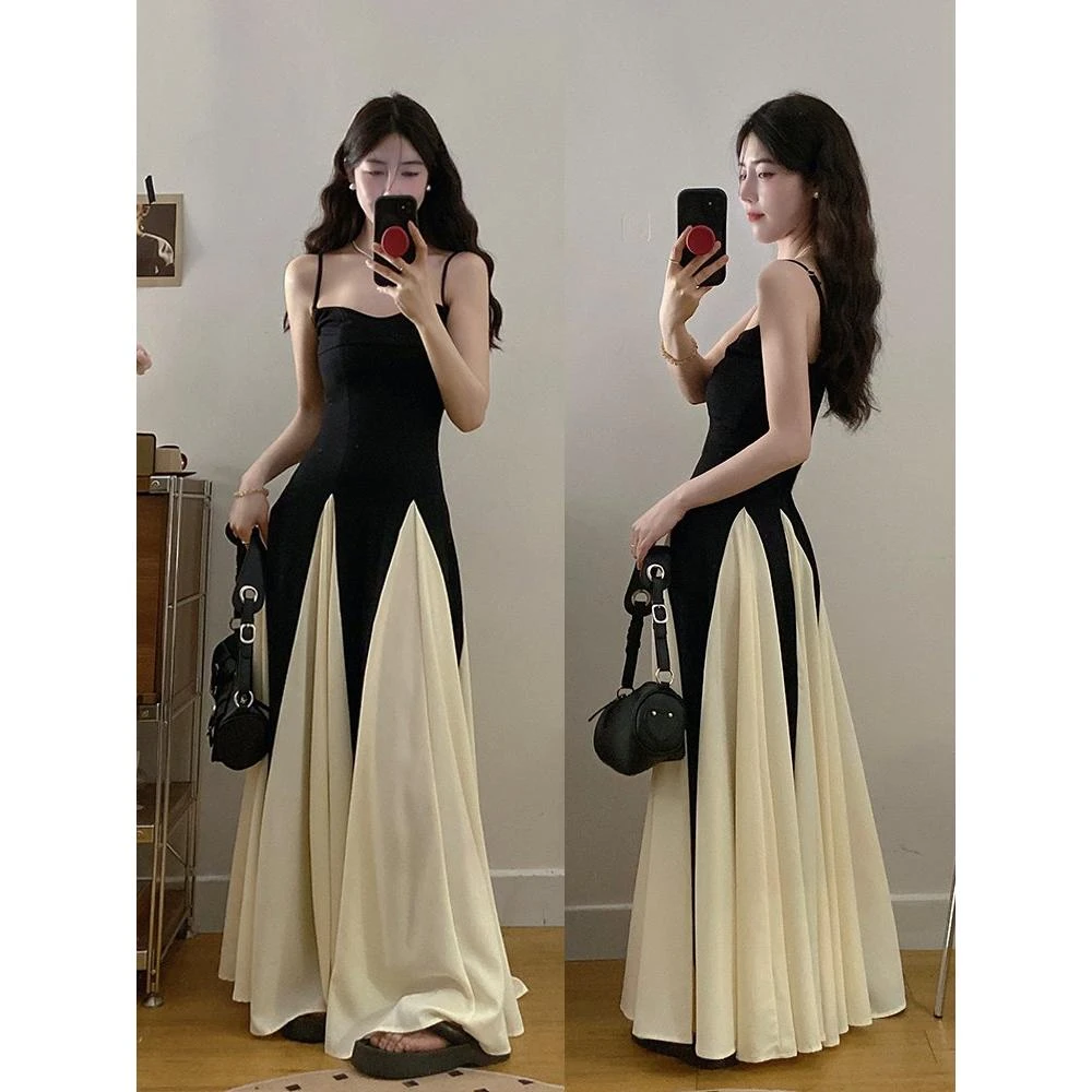 大码女装法式设计感黑白拼接吊带连衣裙夏季胖mm掐腰显瘦长款裙子