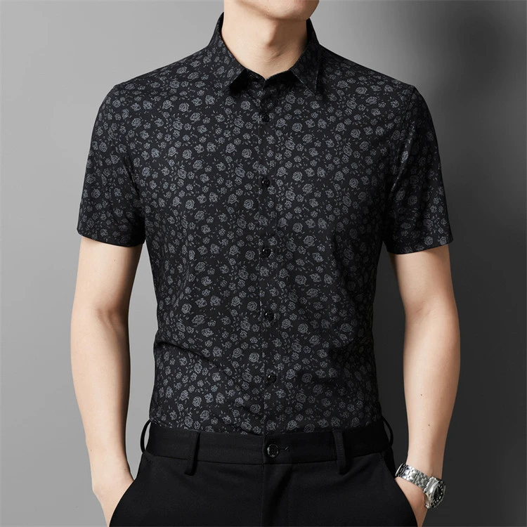 鄂尔多斯市产短袖夏季休闲男速干衬衫高档中青年时尚轻奢印花衬衣