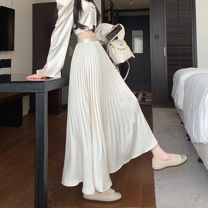 2025春夏新款缎面压褶半身裙白色中长裙A字韩版百搭半身裙裙子