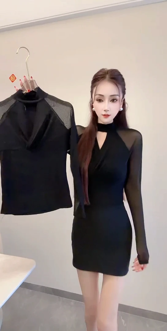 纱网荷叶边修身型公主风长袖T恤性感名媛法式