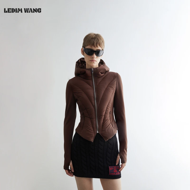 LEDIM WANG白标/琥珀流光鹅绒薄款羽绒服咖色女25冬新款修身连帽