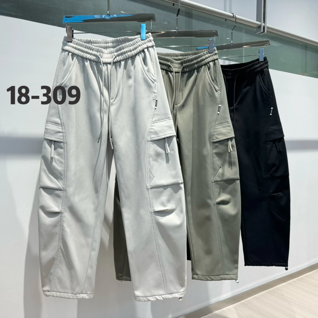 【18-309男士三三斜工装加绒直筒裤】秋冬加厚潮流宽休闲裤