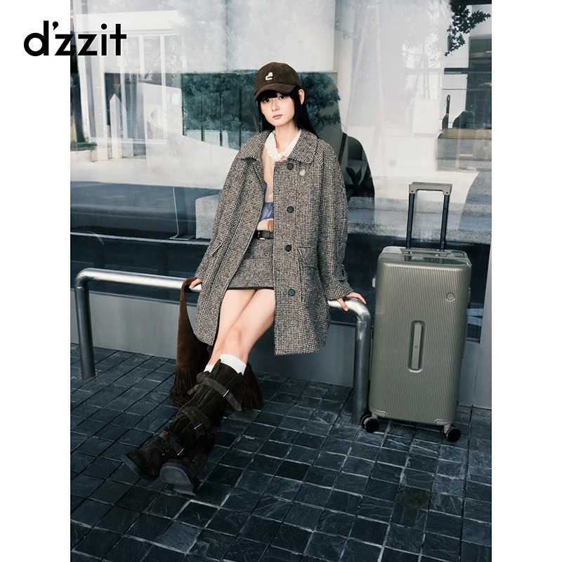 【商场同款新品】dzzit地素毛呢外套25冬千鸟格中长大衣女3J4G221