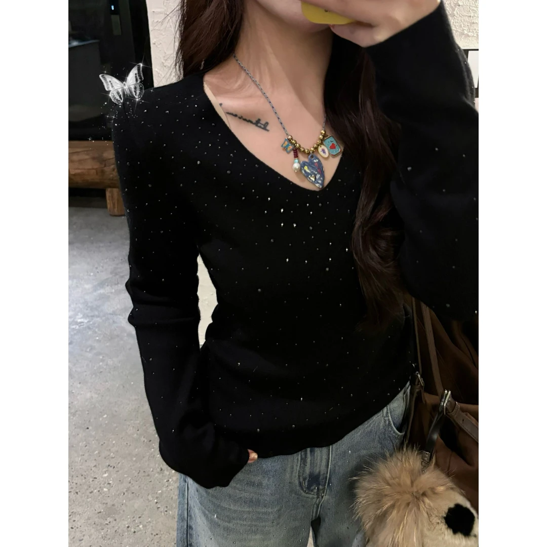 晶咕【黎明星光】重工烫钻V领针织修身上衣