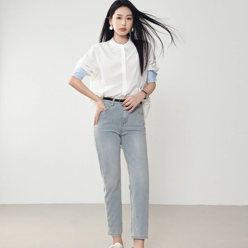 2025春季新款四面弹性高腰九分烟管牛仔裤女生复古法棍水洗牛仔裤