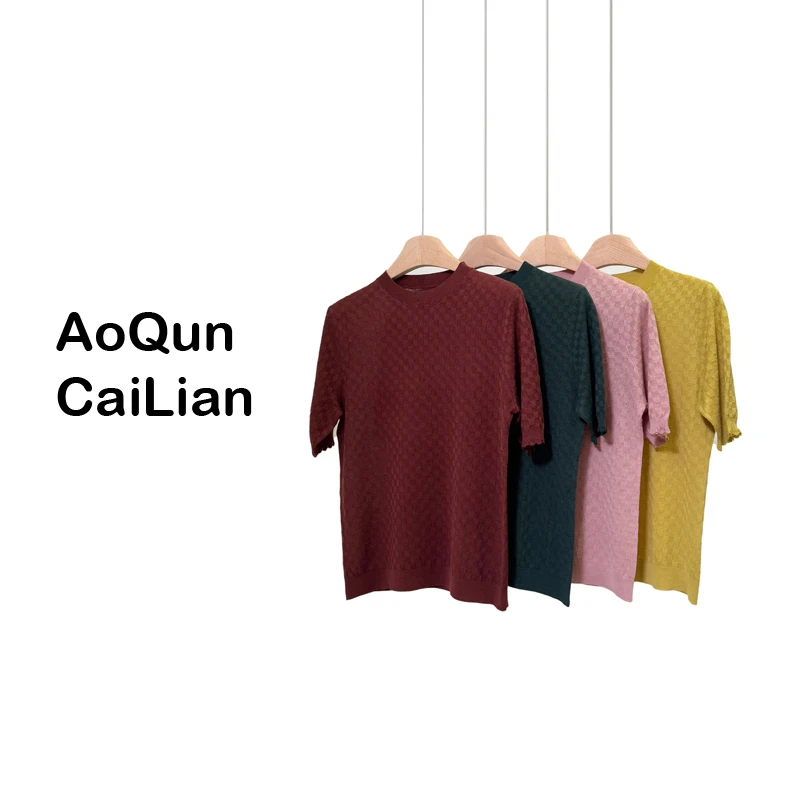 AoQunCaiLian-6夏季棋盘格铜氨丝高级感圆领套头上衣-GG6015