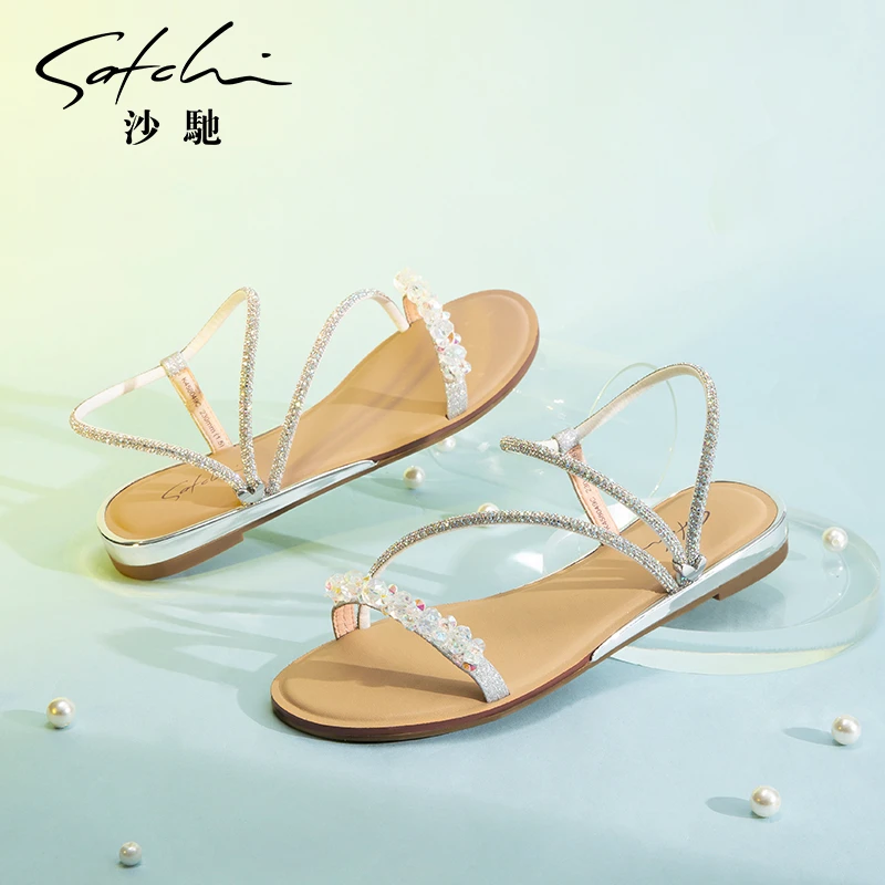 沙驰女鞋2025年夏季新款甜美仙女风平底鞋一字带舒适清爽罗马凉鞋