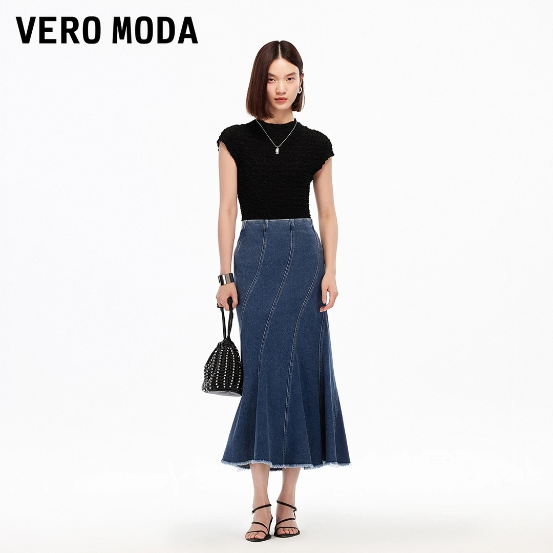 Vero Moda半身裙【涟漪】25新款含棉做旧毛边牛仔鱼尾裙325337003