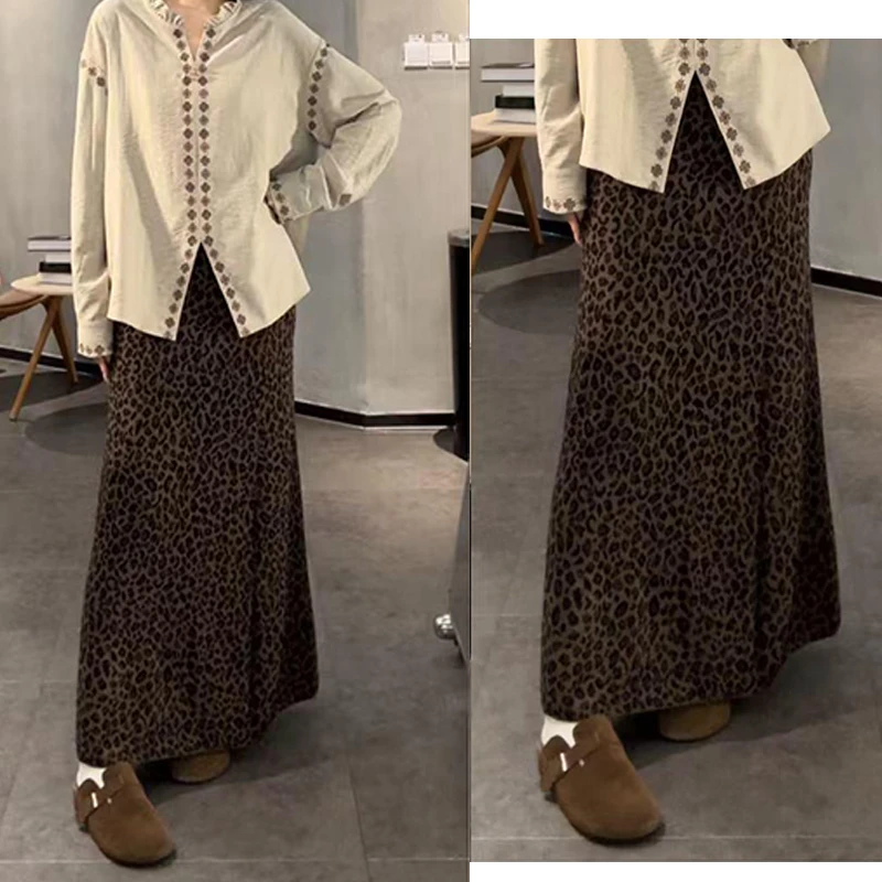 设计感豹纹印花半身裙女秋季新款时髦百搭高腰显瘦休闲长裙子