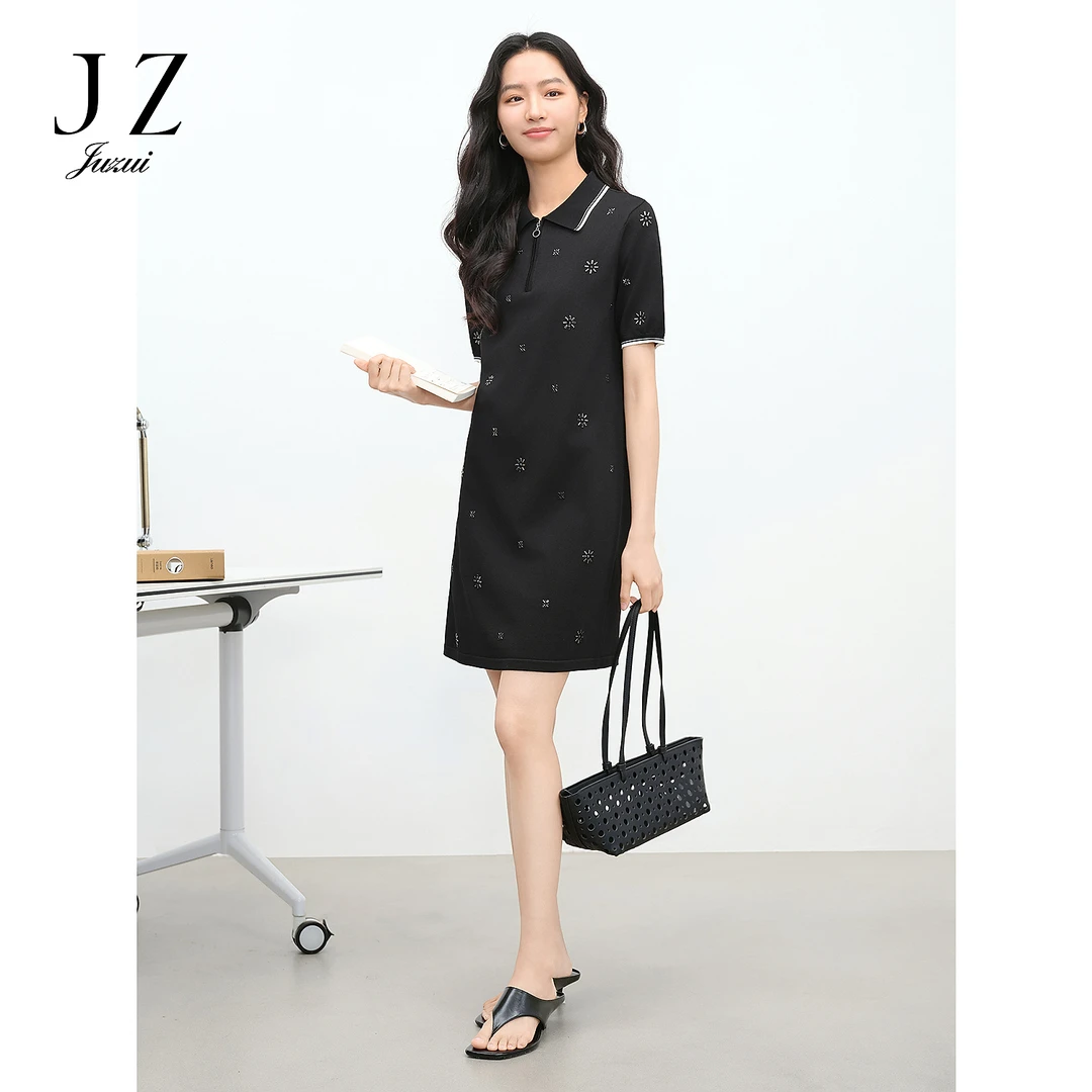 JUZUI玖姿JTFX31601气质学院风钉珠针织连衣裙女夏季