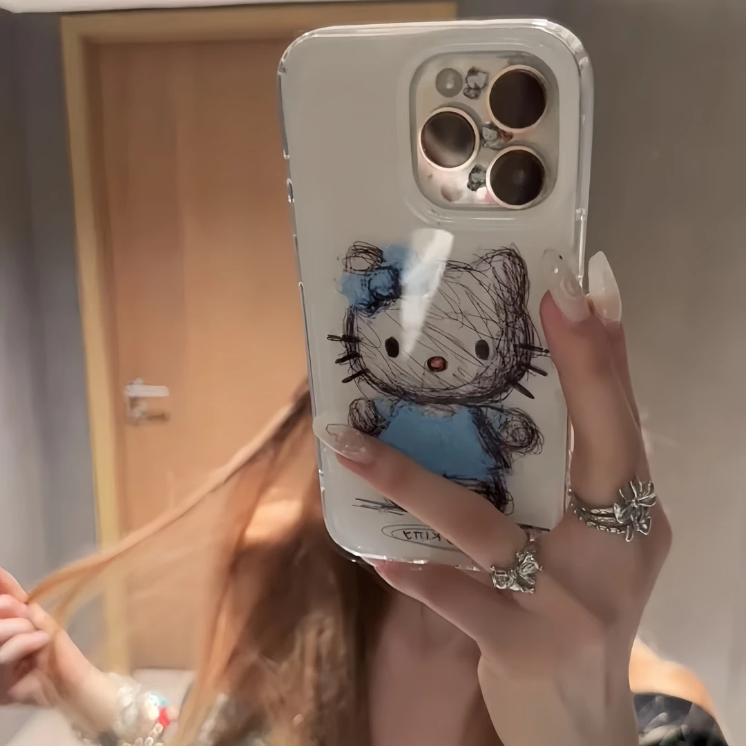 雅天立涂鸦线条凯蒂适用苹果16/17/14手机壳华为vivo小米15oppo套
