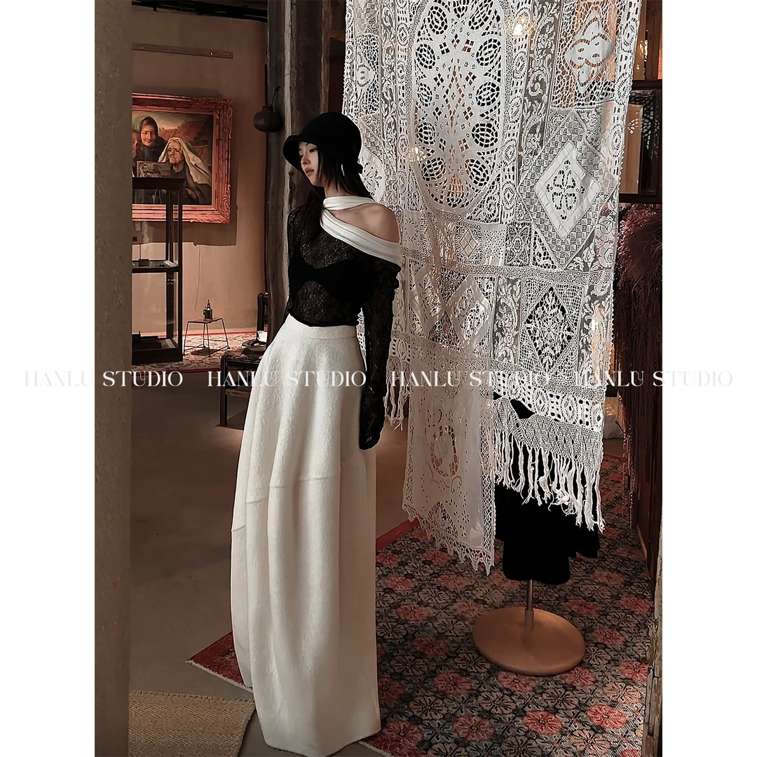 HANLU STUDIO解构不规则立裁流动线条茧型设计100绵羊毛半身裙白