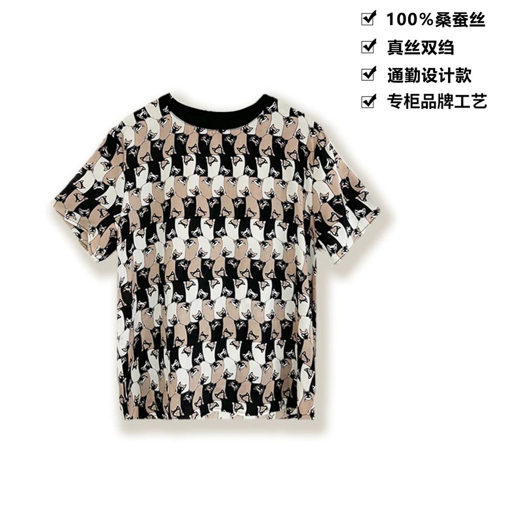 100桑蚕丝真丝双绉酷喵拼图印花短袖女上衣桑蚕丝T恤DXB15