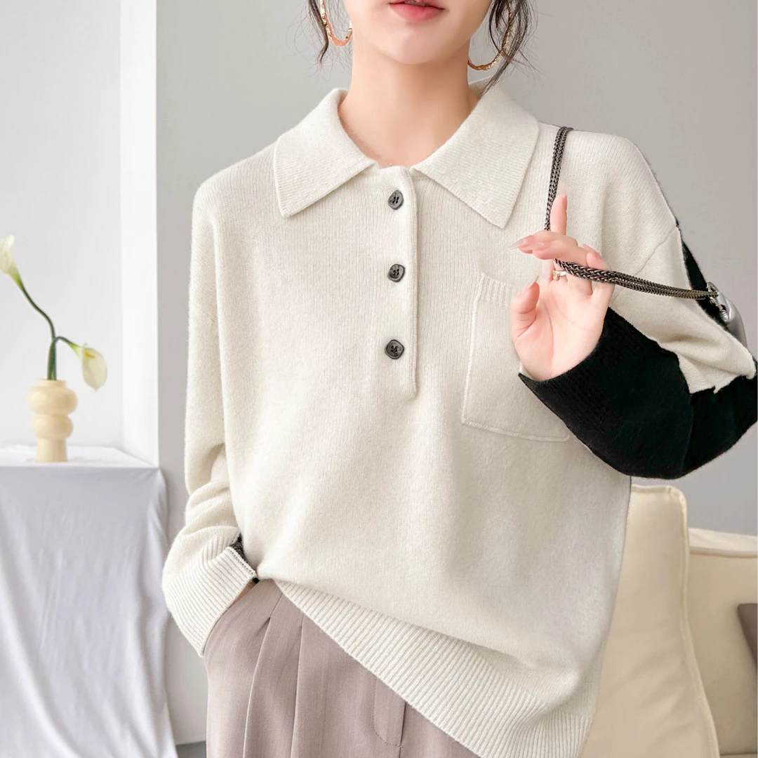 简约气质秋冬针织翻领长袖上衣女