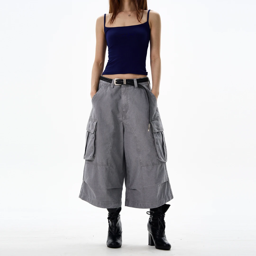 尾郎的店美式复古阔腿宽松工装裤男设计感七分裤情侣小众裤子潮牌