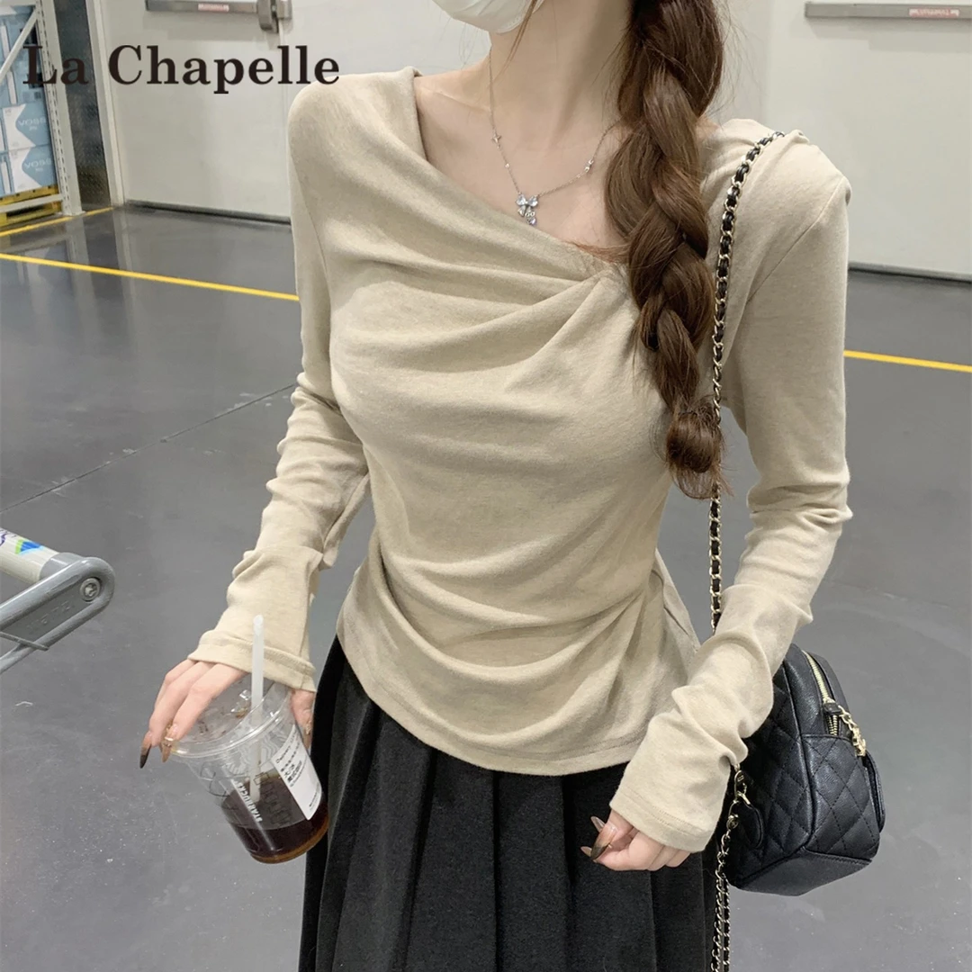 拉夏贝尔纯欲长袖t恤女秋季2025新款百搭小个子修身荡领内搭上衣