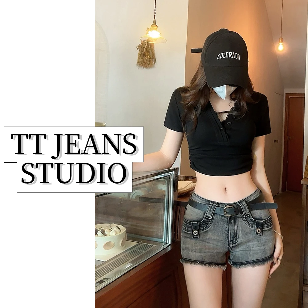 338夏季新款黑灰色流苏设计感牛仔短裤显瘦中低腰辣妹弹力短裤女