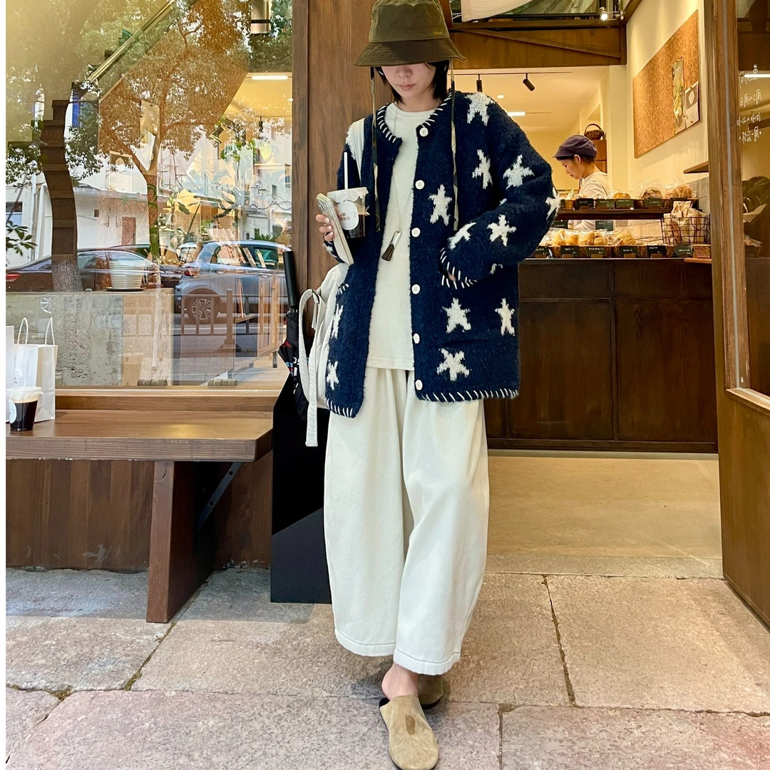 【星星提花】秋冬加厚复古慵懒软糯中长款毛衣外套女大版型针织开衫