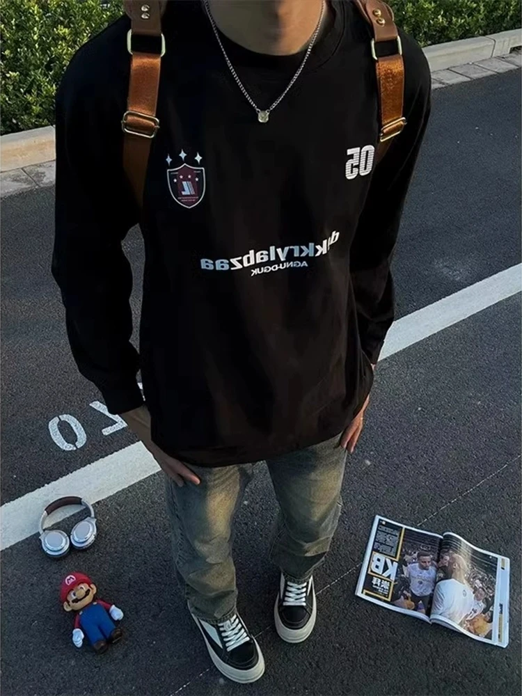 重磅长袖男纯棉美式罗口t恤高街潮牌痞帅炸街打底衫秋内搭潮流