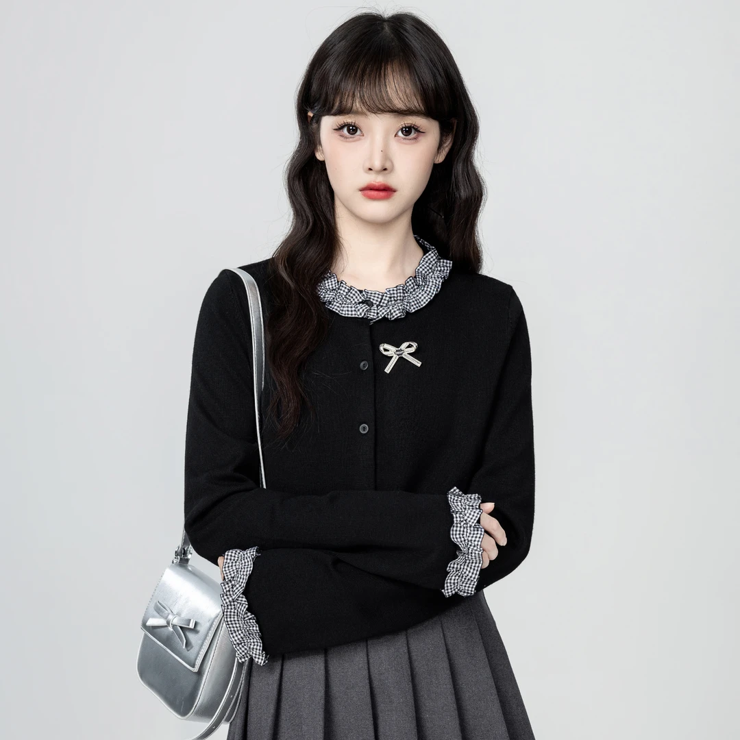 黑色蝴蝶结针织开衫女春秋2025秋季新款木耳边格纹拼接设计感上衣