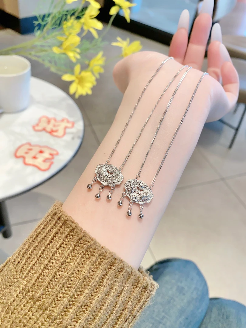 坠链均925银 纯银双面双鱼莲花钱币平安锁项链女韩版新中式时尚