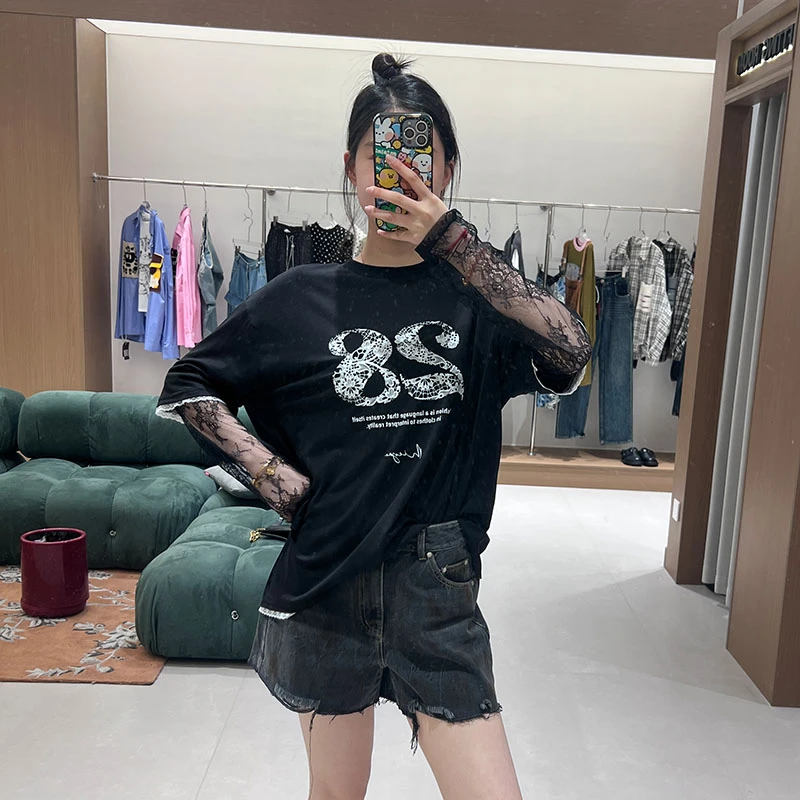 MIEYAO2025夏季设计师新品空气感蕾丝长袖T恤