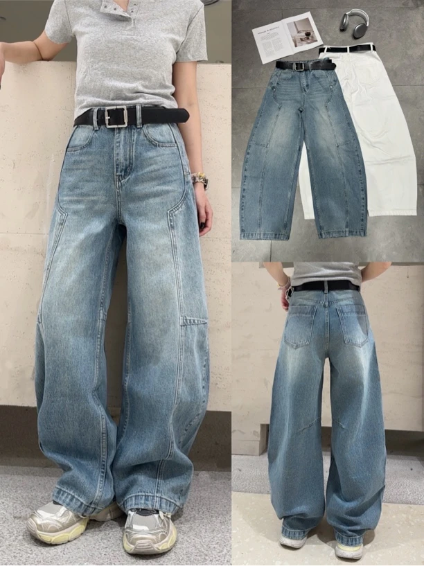 佐V娅国潮设计款复古显瘦直筒侧袋弯刀阔腿牛仔裤1921
