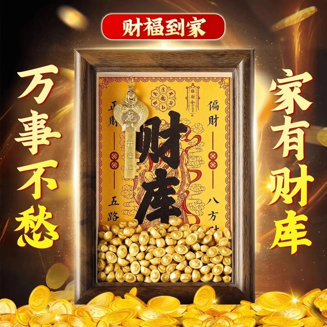 开金库黄财神财库相框办公室工位摆件十二生肖金钥匙招财小物件
