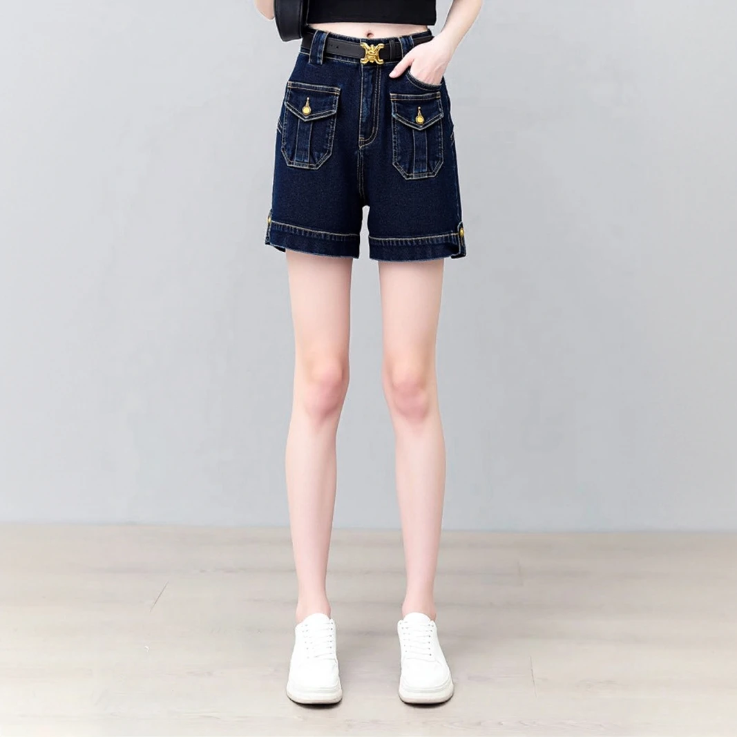 丹宁深蓝工装显瘦牛仔短裤女2025夏薄款高腰弹力外穿直筒阔腿热裤