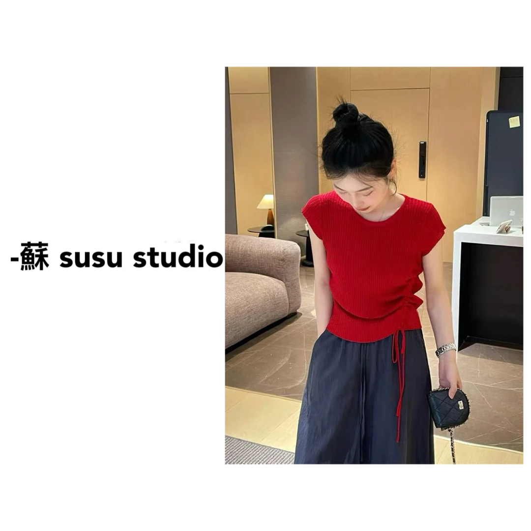 2025夏季新款洋气甜美针织褶皱T恤女士纯色简约设计感上衣女