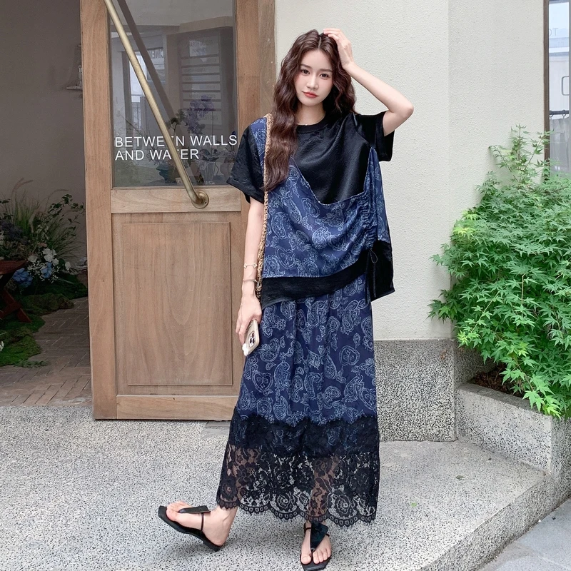 韩系慵懒风松弛感女装套装2025年款夏季蕾丝接拼半身裙显瘦两件套