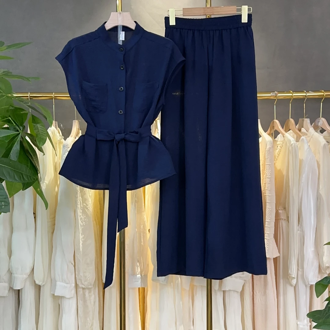 显瘦套装2025夏季新款简约收腰系带无袖上衣+直筒裤两件套M306