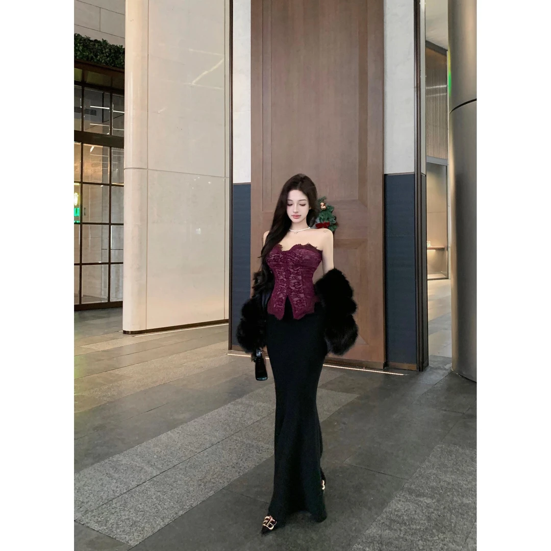 蕾丝拼接无袖抹胸背心女秋冬束腰修身内搭纯欲设计感晚宴场合女装