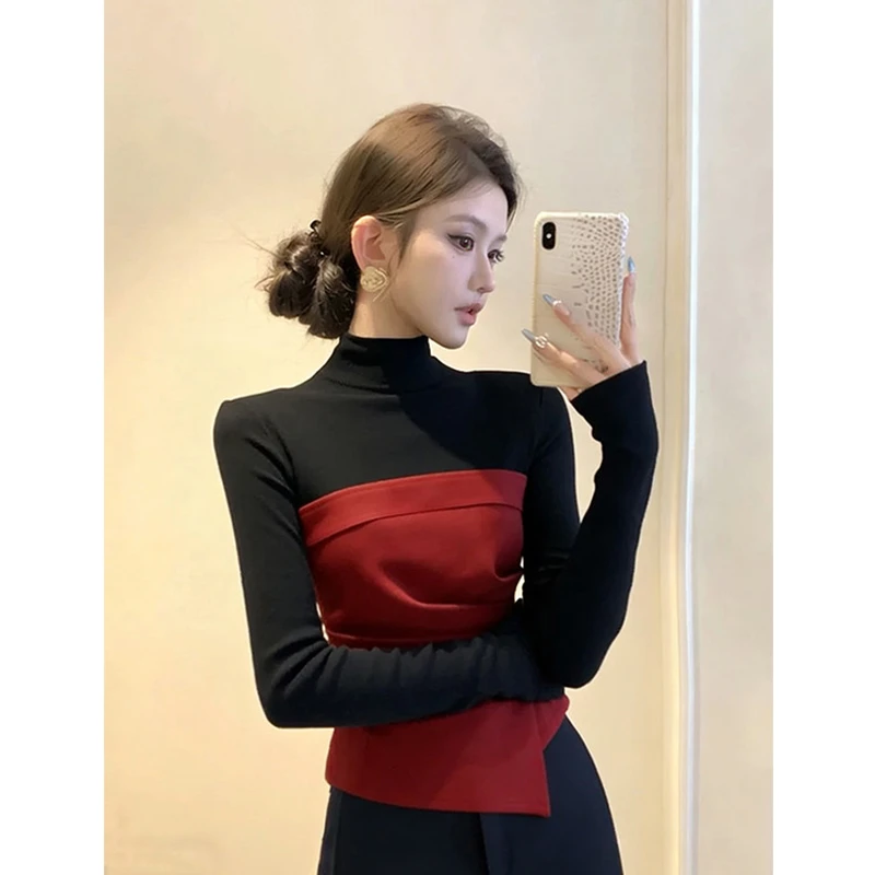 韩系撞色拼接假两件长袖T恤女秋冬新款洋气修身不规则打底衫上衣