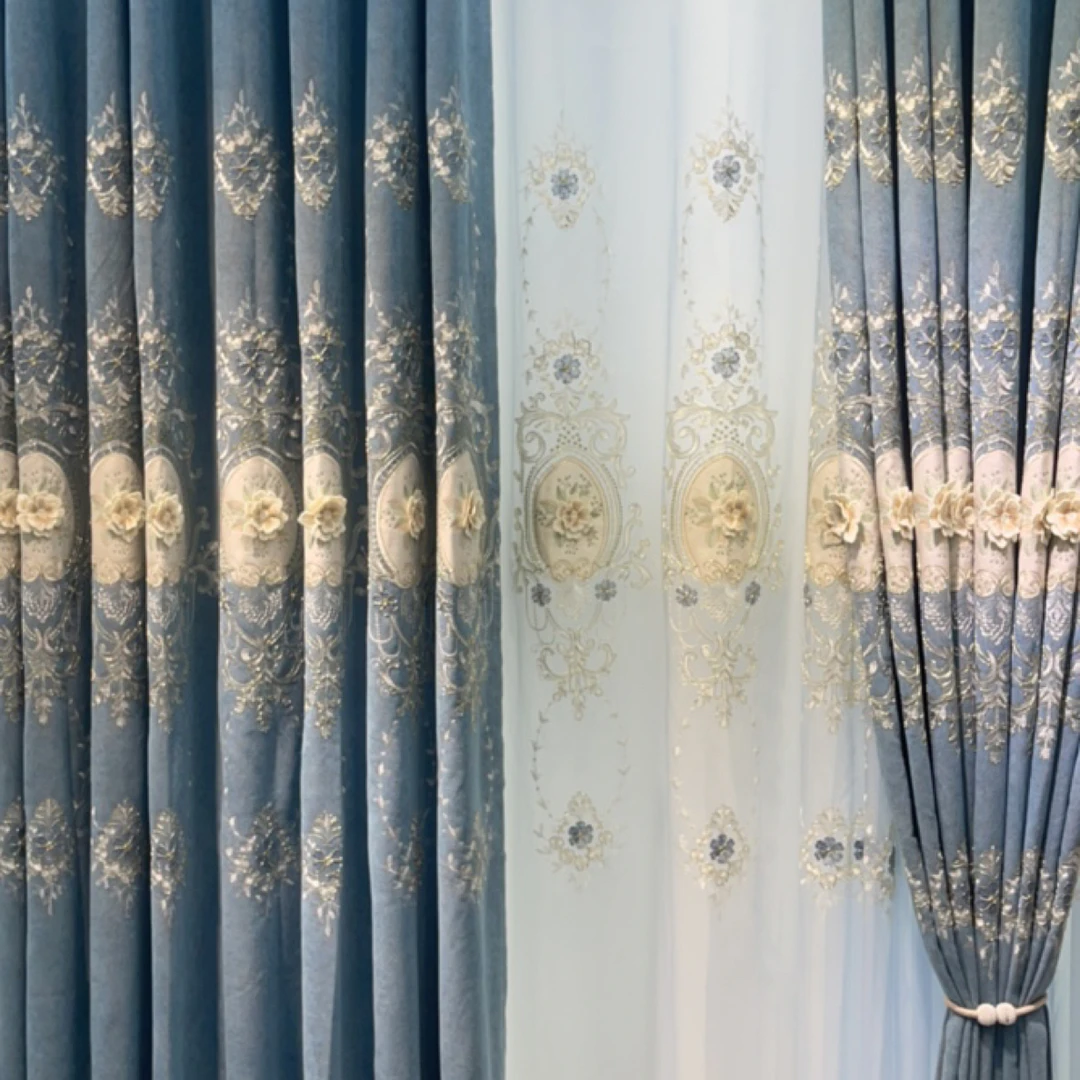 3.1米高外帘单层雪尼尔重工刺绣浮雕欧式客厅窗帘