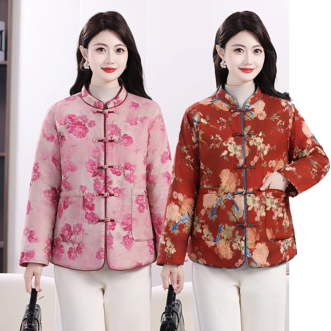 中老年女中式短款国风轻薄小棉衣时尚复古盘扣立领洋气夹棉厚外套