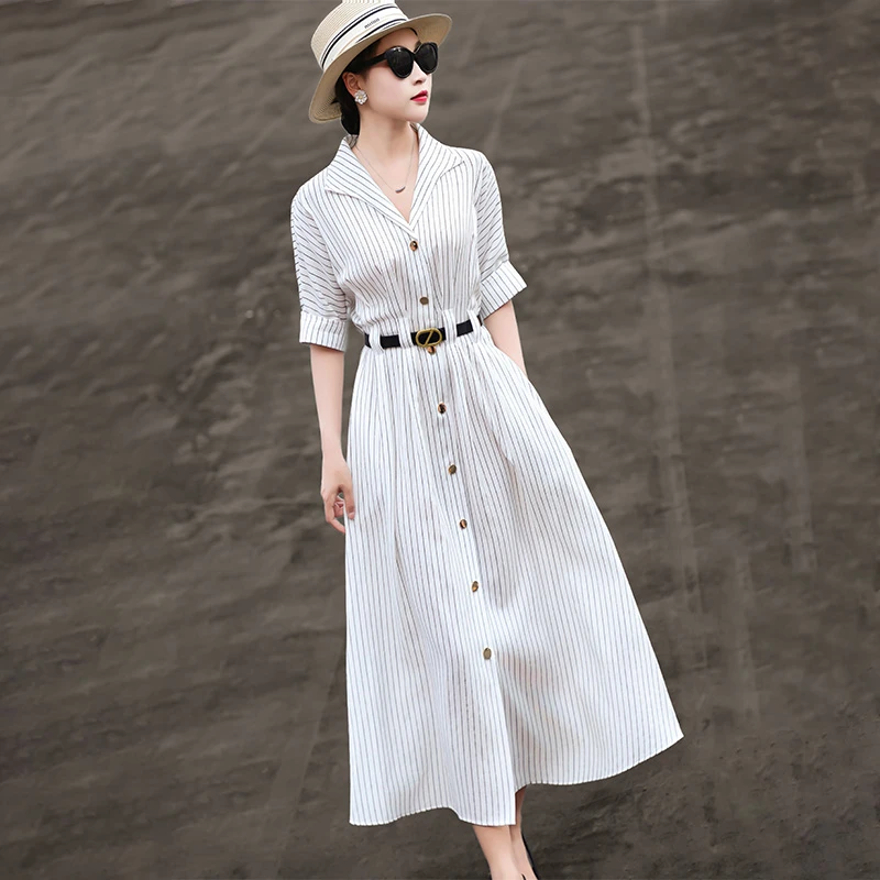 MEXCOCO/兰瑟儿夏季新款气质通勤单排扣收腰条纹连衣裙105XL9363