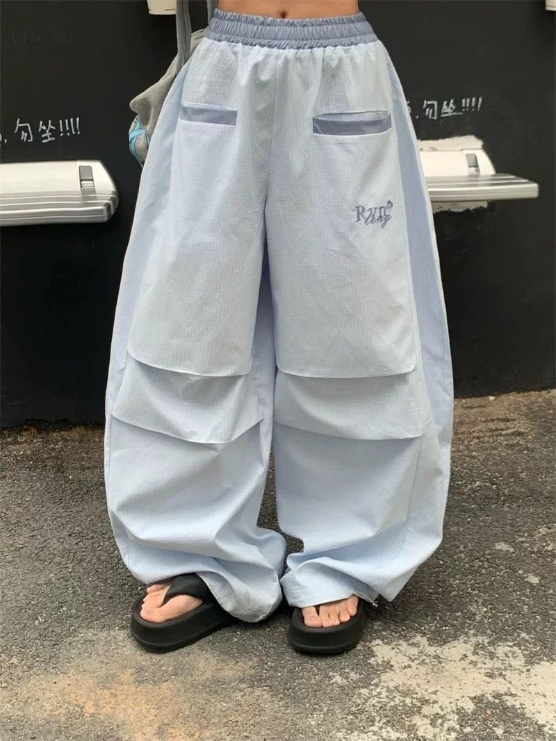 美式街舞薄款条纹弯刀裤女夏季垂感宽松百搭阔腿运动休闲拖地裤子