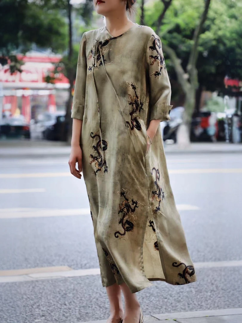 Li Wang/里望设计师款 龙纹呈祥系列 复古出彩做旧旗袍连衣裙