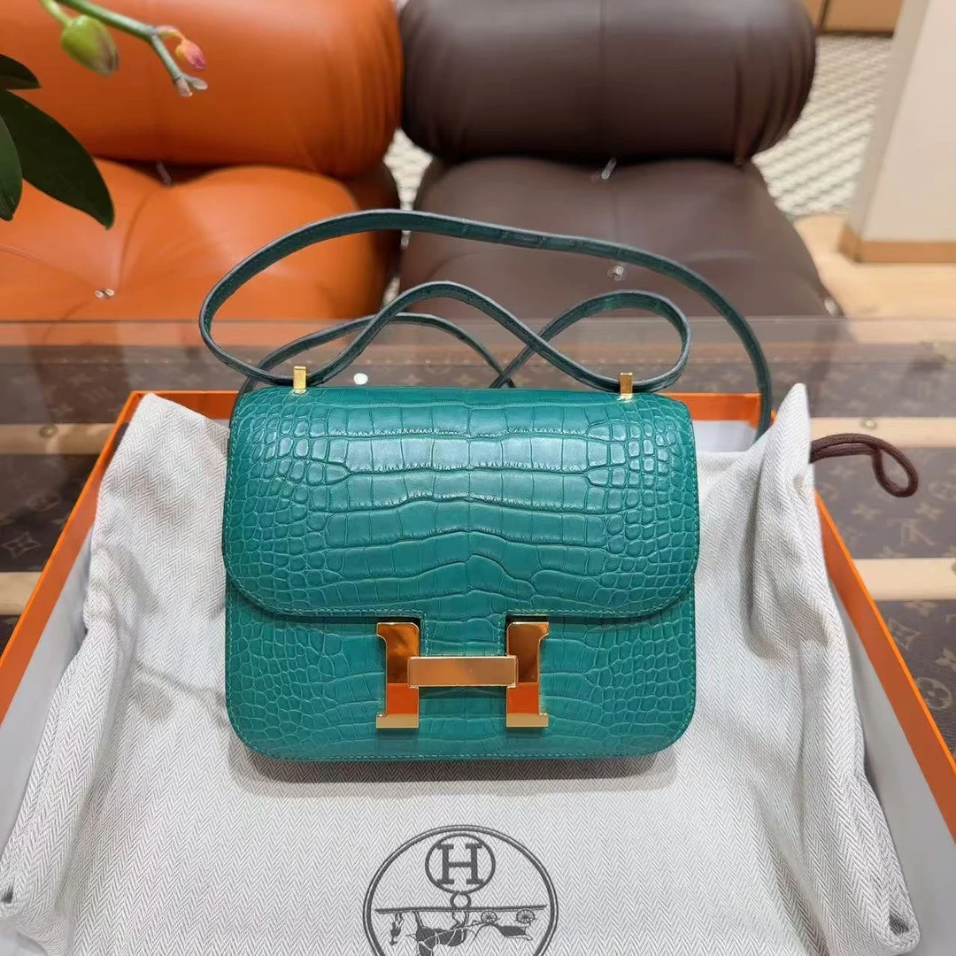99新 Hermes/爱马仕 康康19 孔雀绿金扣 方块雾面鳄鱼 D刻