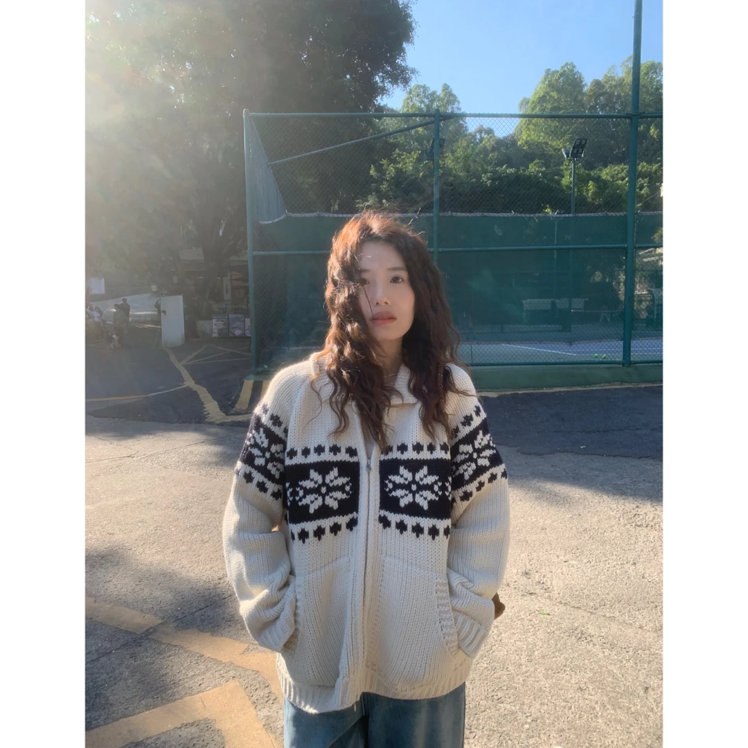 【楠楠】韩系复古费尔岛提花翻领拉链宽松加厚保暖针织开衫女秋冬
