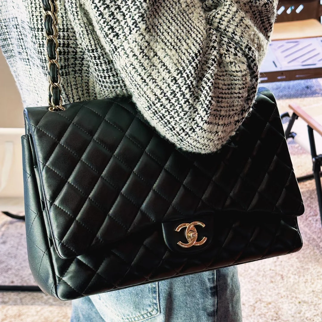 95新 Chanel/香奈儿 羊黑金jumbo 单盖香奈儿/单肩包/sk 1188