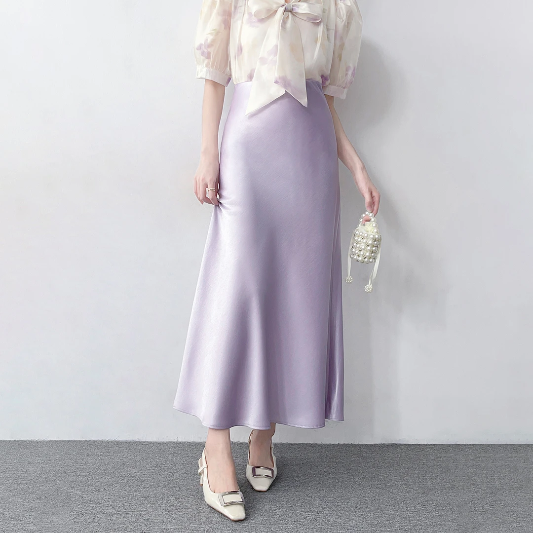 H56优雅半身裙高级光泽感缎面高腰显瘦长款鱼尾包臀裙松紧腰裙子