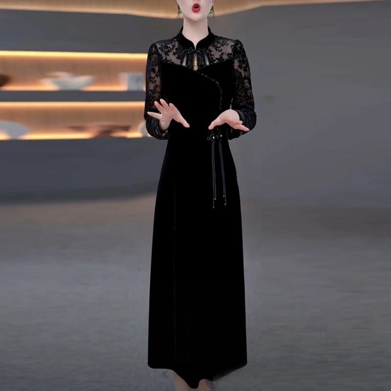 丝绒中式国风女装2025秋季新款长袖黑色显瘦复古改良旗袍连衣裙子