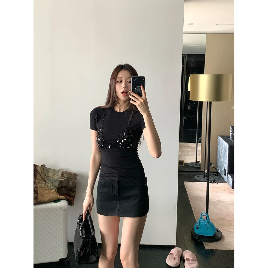 FORNI x YOYO 内外玩趣 设计感时髦珠片设计短袖气质辣妹显瘦短袖
