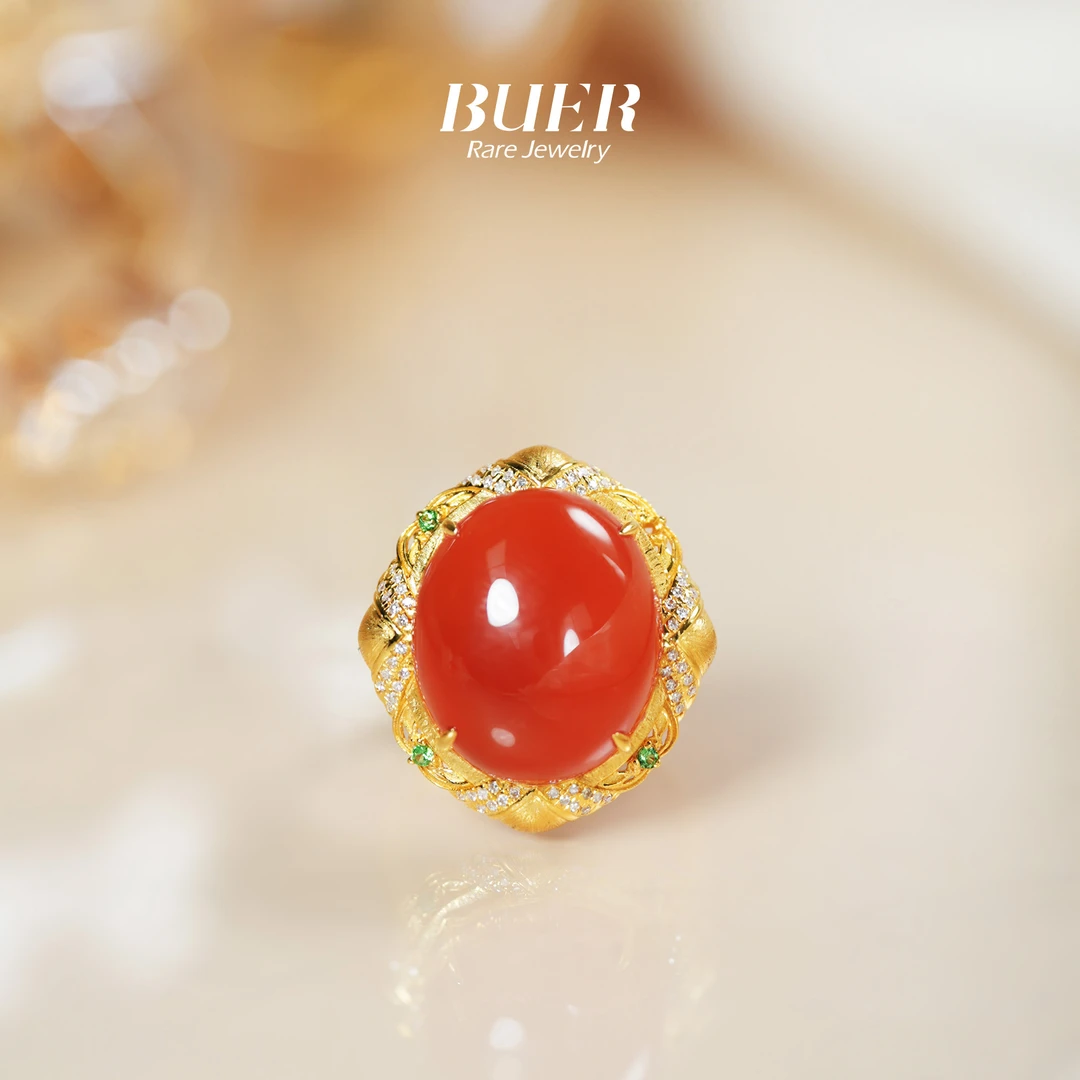 【不二】河湾冰红戒指18k金镶嵌南红金戒指贵气送闺蜜推荐 多样发一