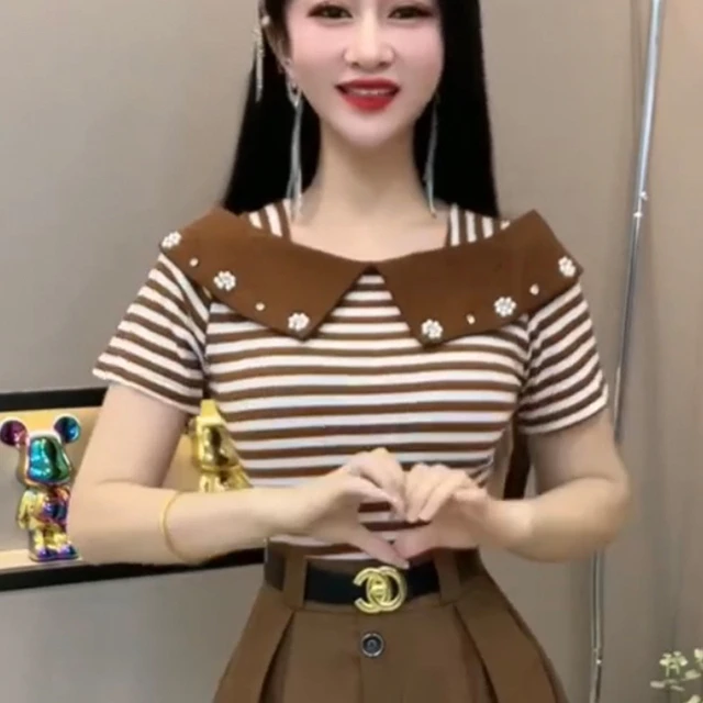 显瘦时尚洋气条纹女装夏季新款时尚t恤撞色短袖减龄百搭上衣女装